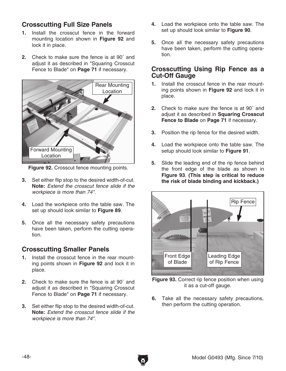 Crosscutting full size panels, Crosscutting smaller panels, Crosscutting using rip fence as a cut-off gauge | Grizzly G0493 User Manual | Page 50 / 104