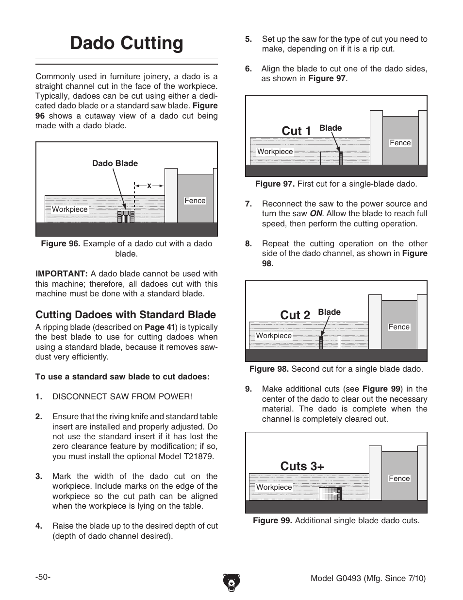 Dado cutting, Cut 1, Cut 2 | Cuts 3, Cutting dadoes with standard blade | Grizzly G0493 User Manual | Page 52 / 104