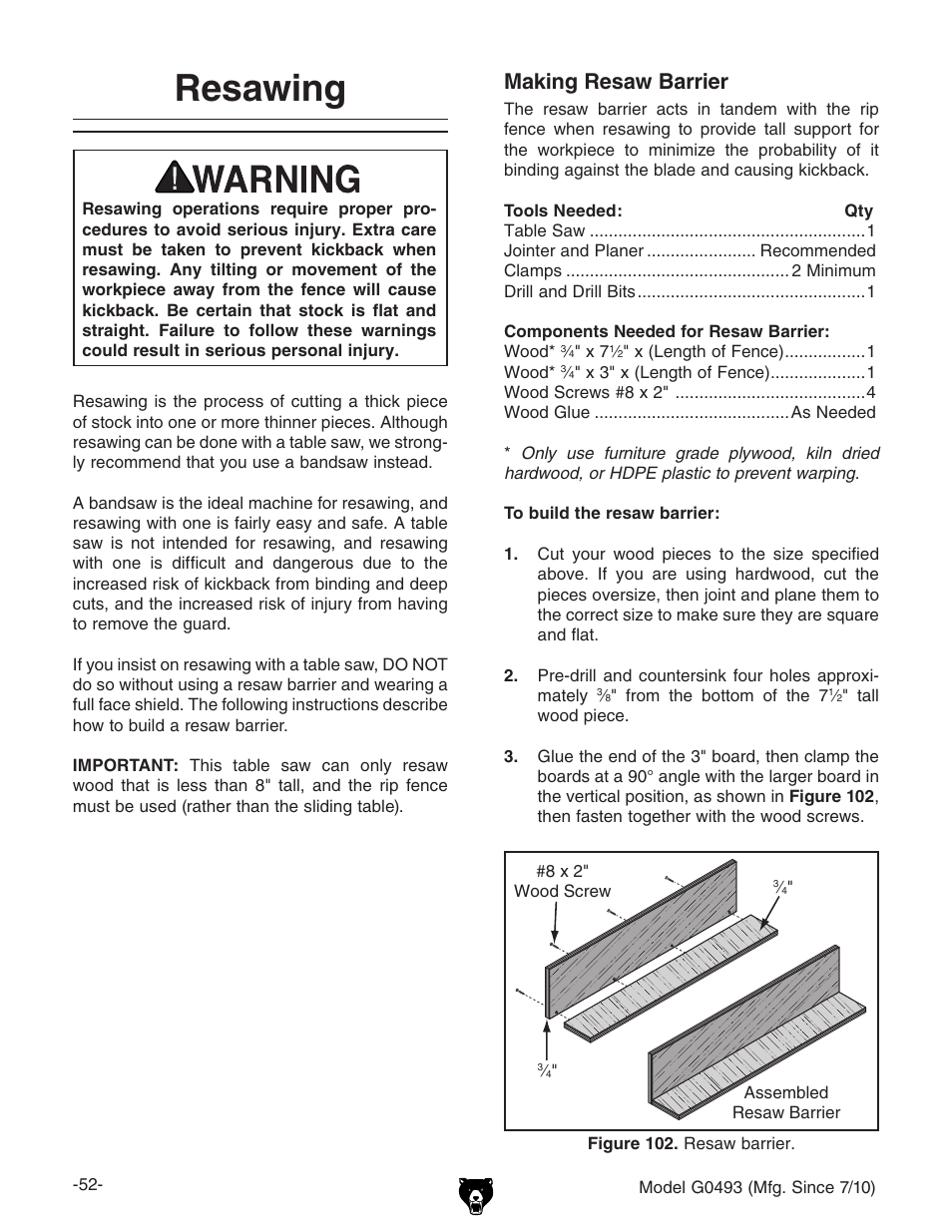 Resawing, Making resaw barrier | Grizzly G0493 User Manual | Page 54 / 104