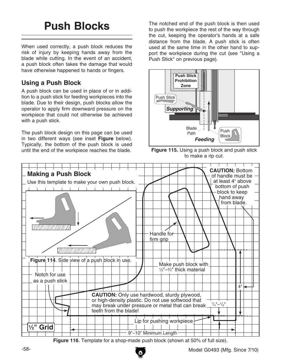 Push blocks, Grid, Using a push block | Making a push block | Grizzly G0493 User Manual | Page 60 / 104