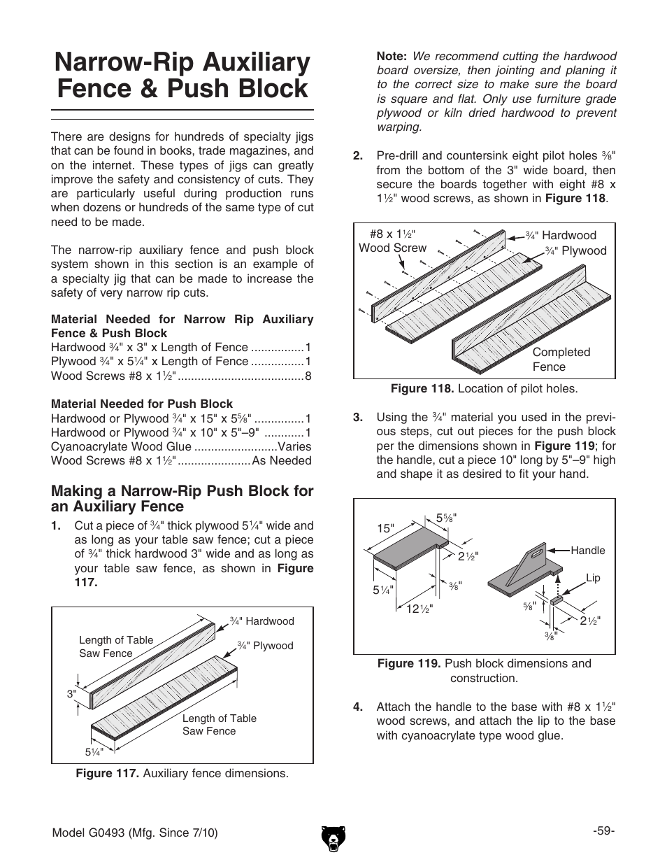 Narrow-rip auxiliary fence & push block | Grizzly G0493 User Manual | Page 61 / 104