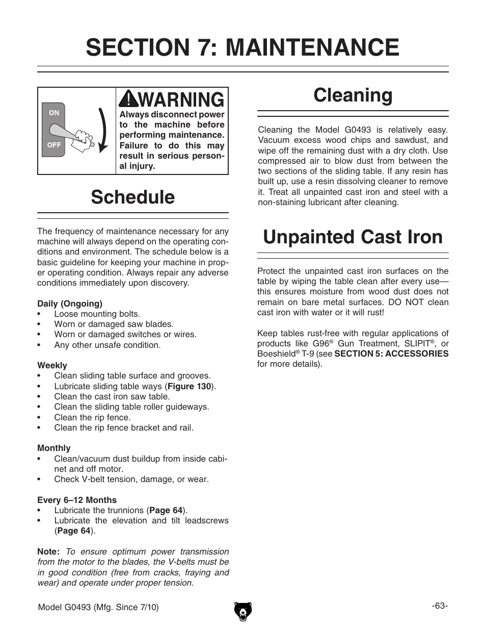 Section 7: maintenance, Schedule cleaning unpainted cast iron, Cleaning | Unpainted cast iron, Schedule | Grizzly G0493 User Manual | Page 65 / 104