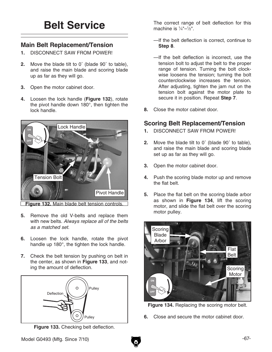 Belt service, Main belt replacement/tension, Scoring belt replacement/tension | Grizzly G0493 User Manual | Page 69 / 104