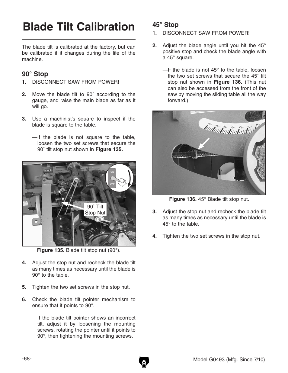 Blade tilt calibration | Grizzly G0493 User Manual | Page 70 / 104