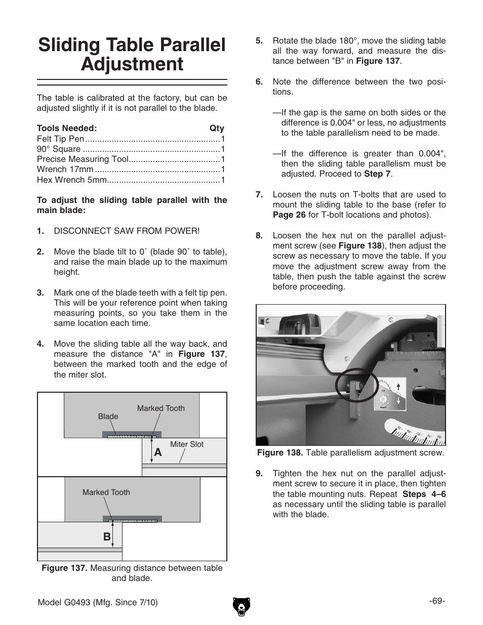 Sliding table parallel adjustment | Grizzly G0493 User Manual | Page 71 / 104