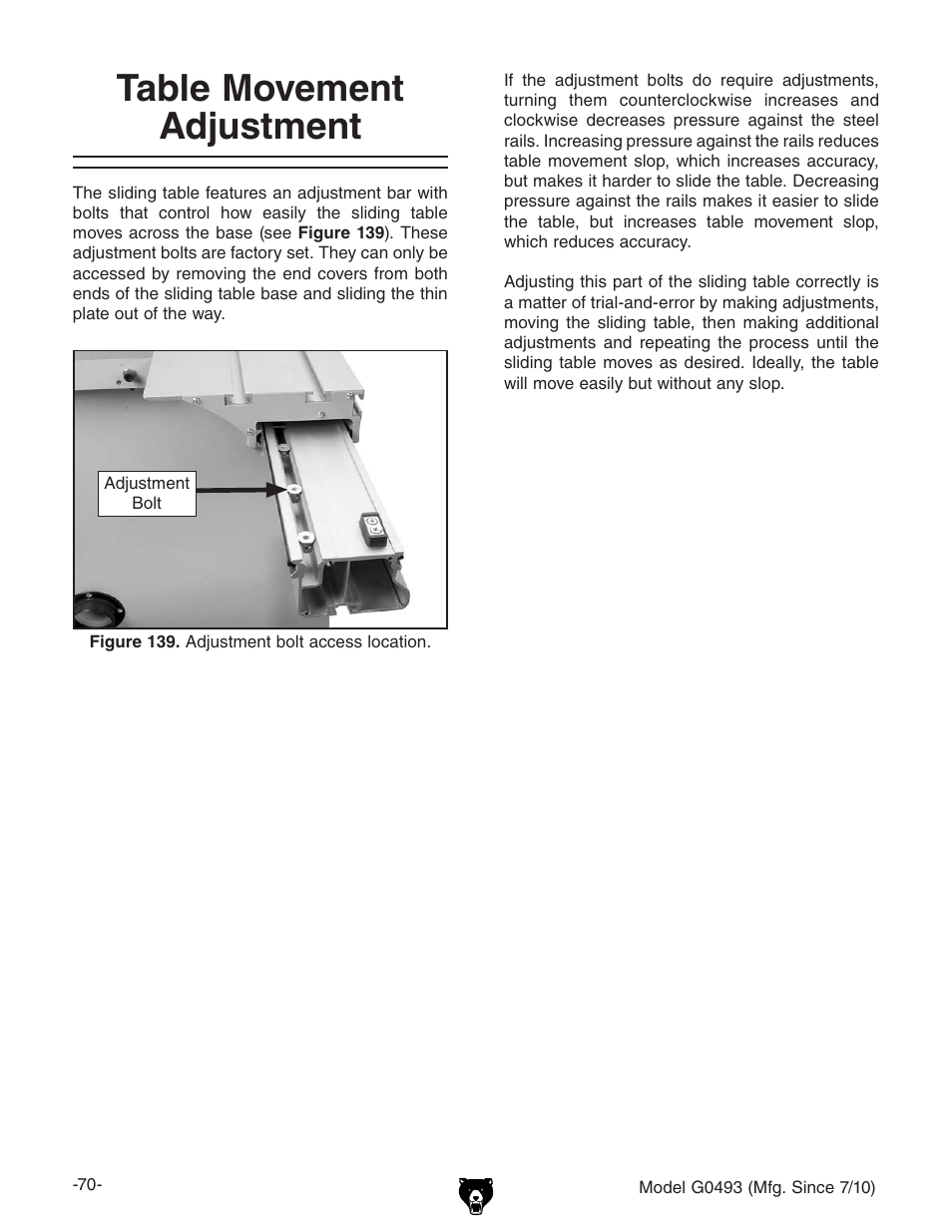 Table movement adjustment | Grizzly G0493 User Manual | Page 72 / 104