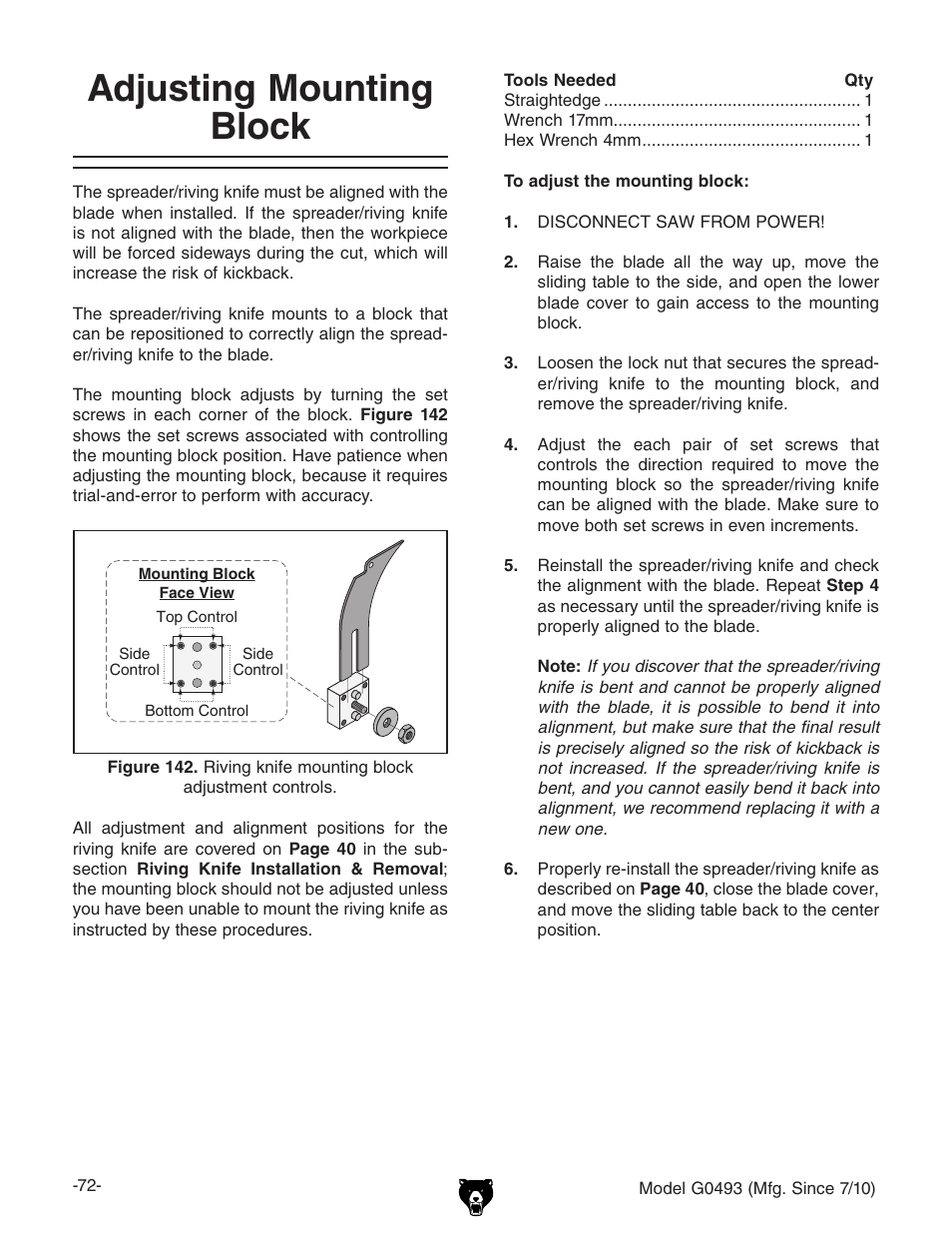 Adjusting mounting block | Grizzly G0493 User Manual | Page 74 / 104