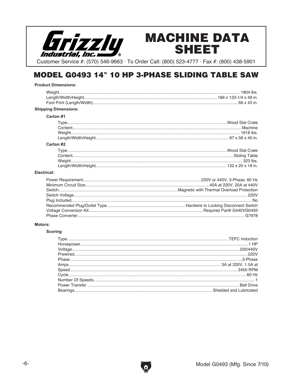 Machine data sheet | Grizzly G0493 User Manual | Page 8 / 104