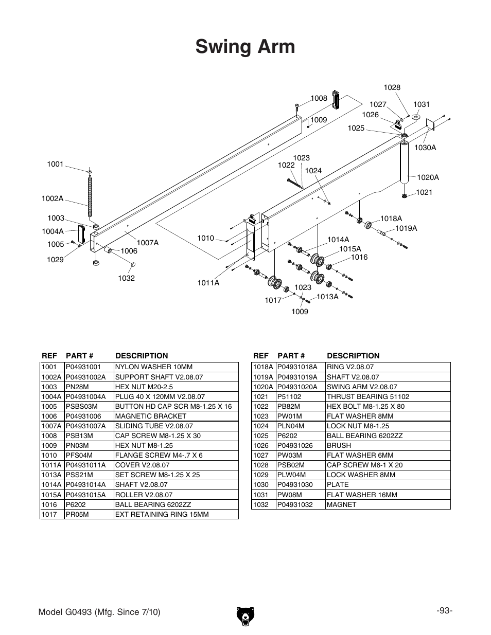 Swing arm | Grizzly G0493 User Manual | Page 95 / 104