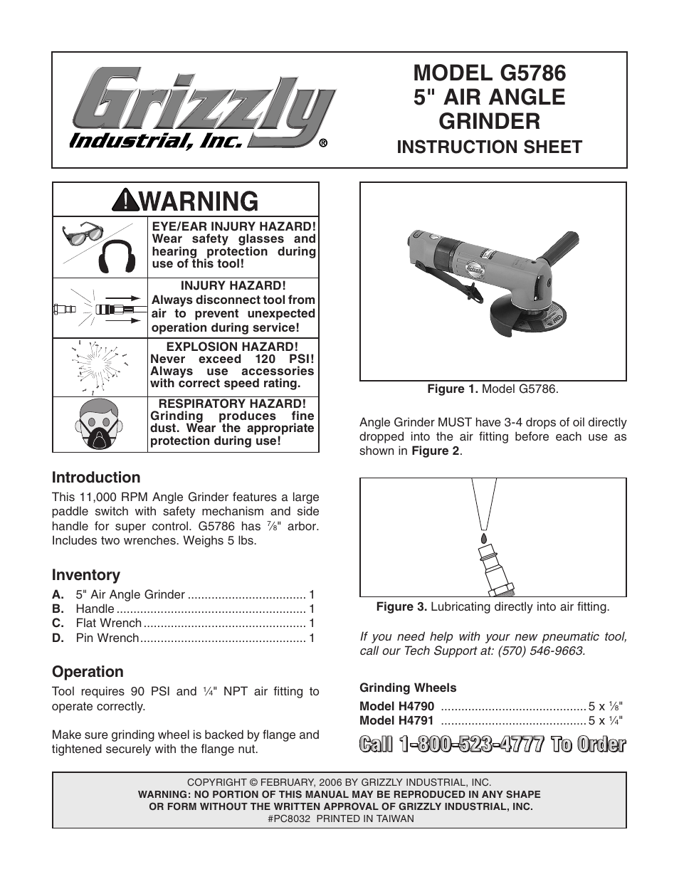 Grizzly 5" Air Angle Grinder G5786 User Manual | 2 pages