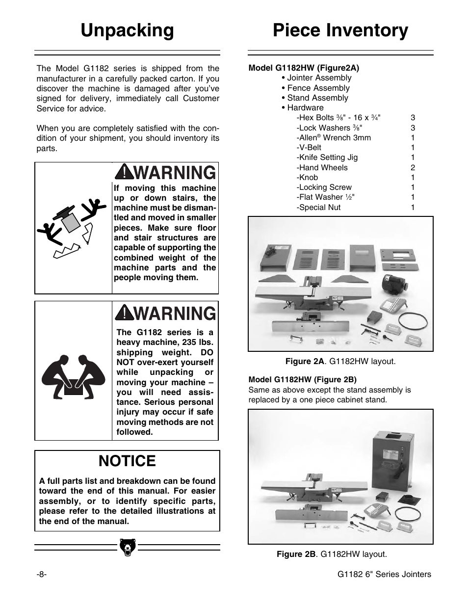 Unpacking piece inventory, Notice | Grizzly Heavy-Duty Jointer G1182HW User Manual | Page 10 / 44