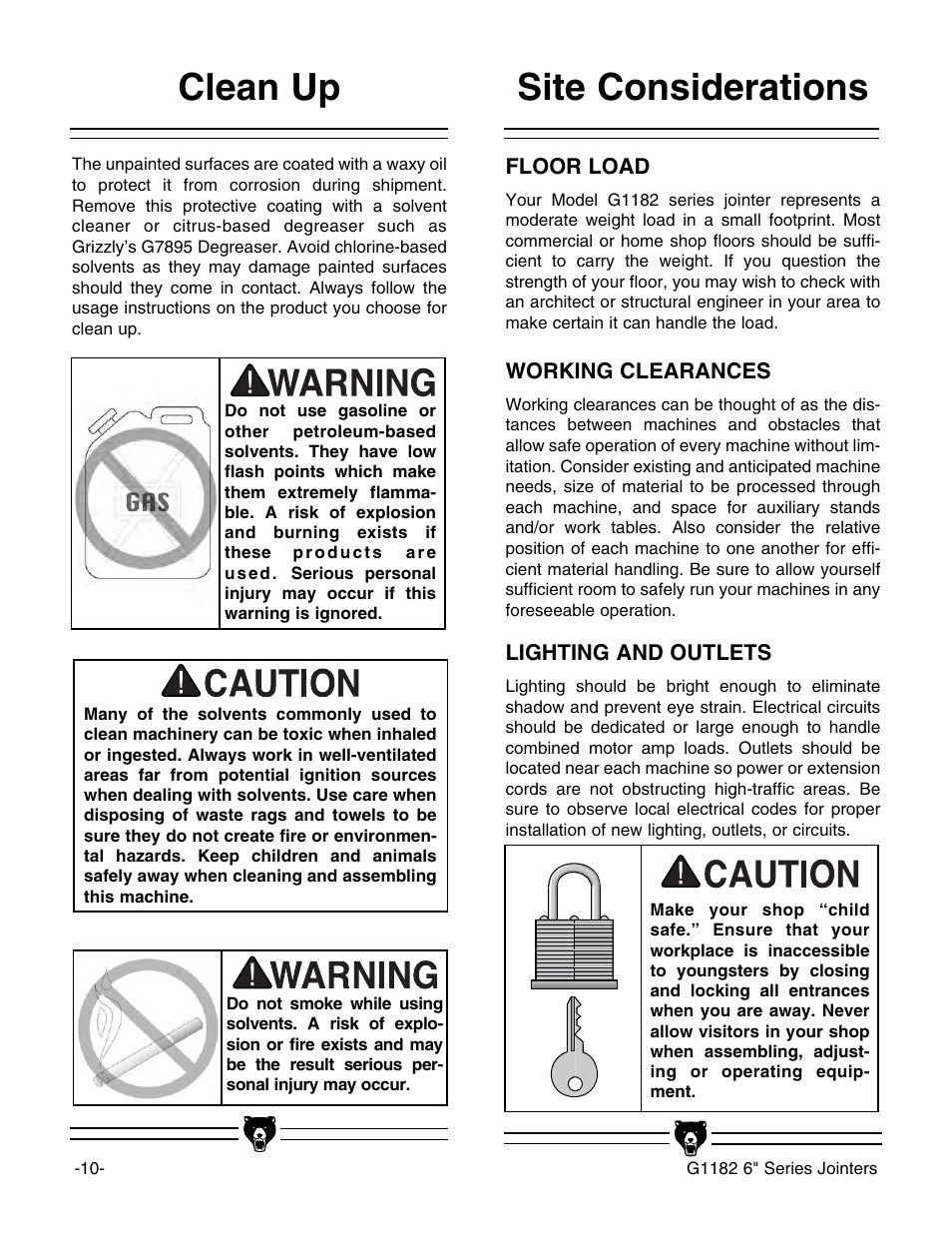 Site considerations, Clean up | Grizzly Heavy-Duty Jointer G1182HW User Manual | Page 12 / 44