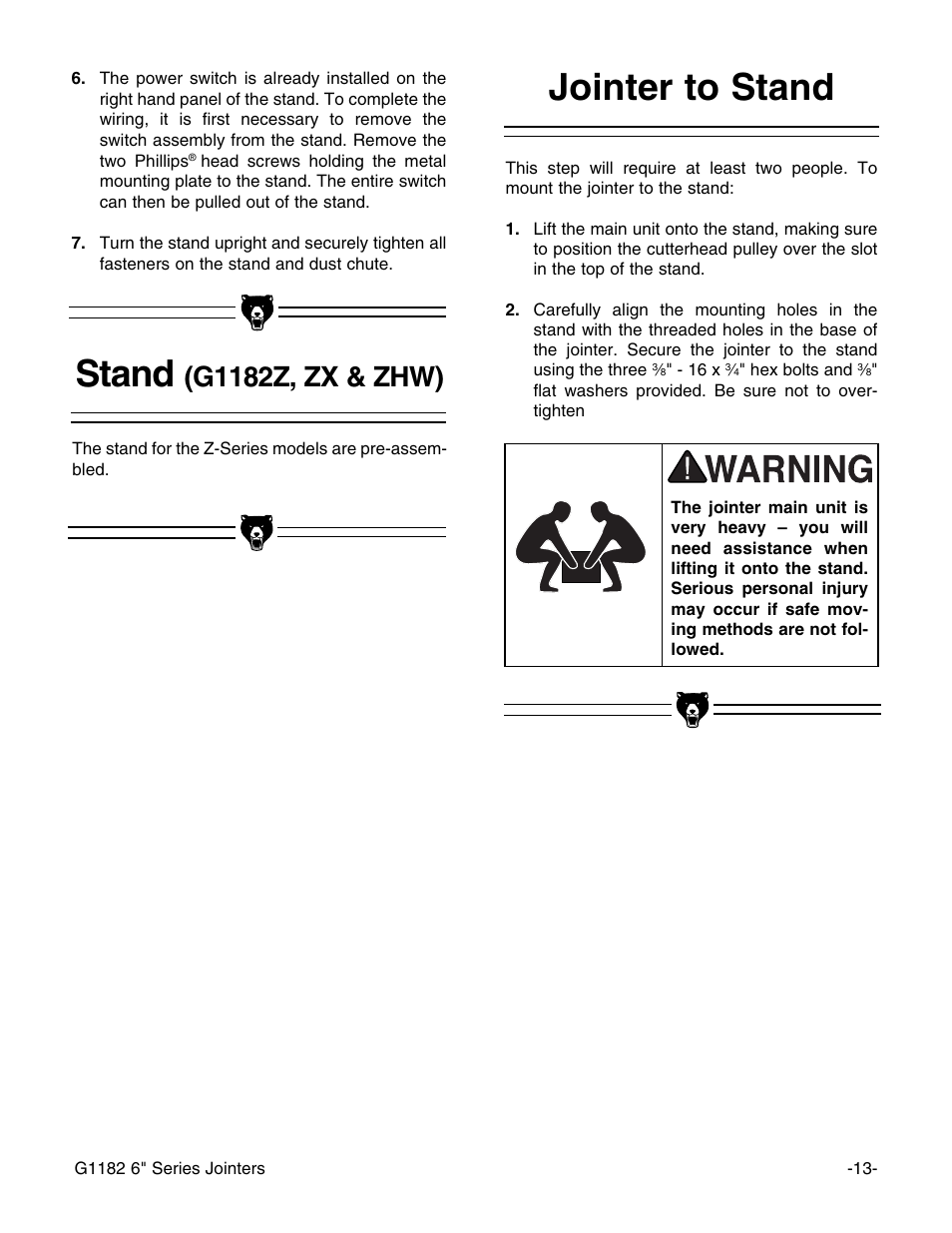 Jointer to stand stand, G1182z, zx & zhw) | Grizzly Heavy-Duty Jointer G1182HW User Manual | Page 15 / 44