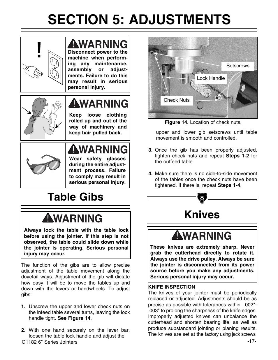 Table gibs, Knives | Grizzly Heavy-Duty Jointer G1182HW User Manual | Page 19 / 44