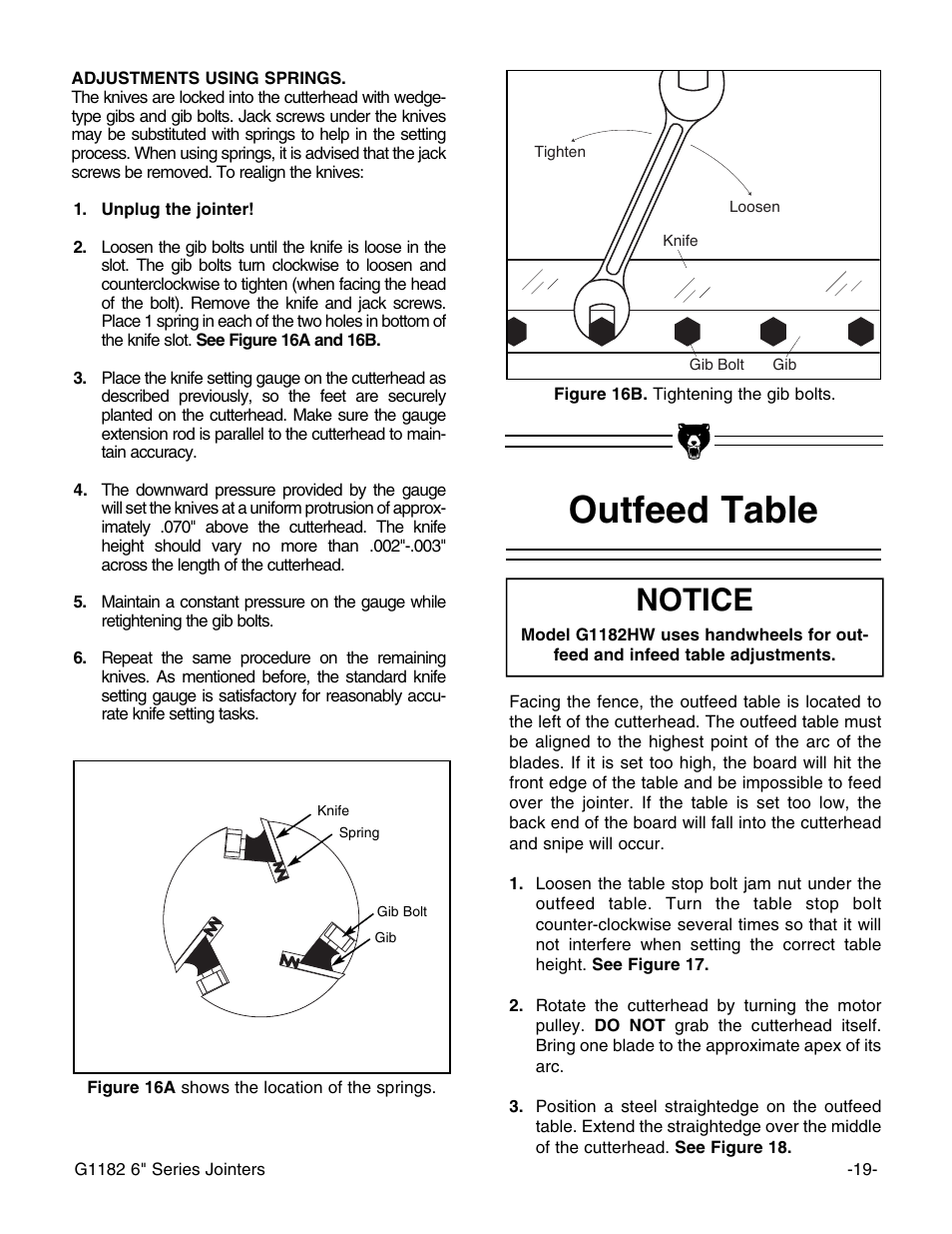 Outfeed table, Notice | Grizzly Heavy-Duty Jointer G1182HW User Manual | Page 21 / 44
