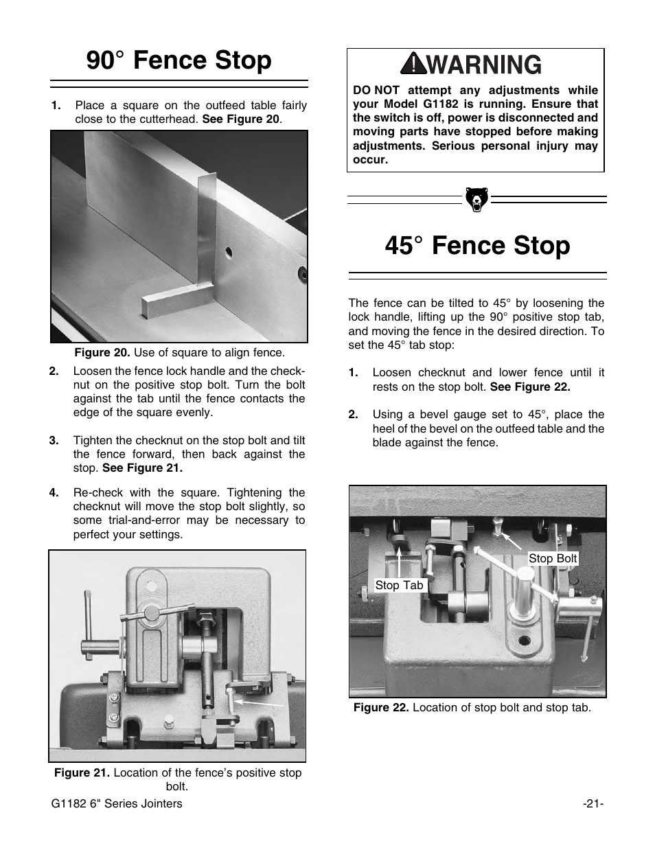 90° fence stop, 45° fence stop | Grizzly Heavy-Duty Jointer G1182HW User Manual | Page 23 / 44