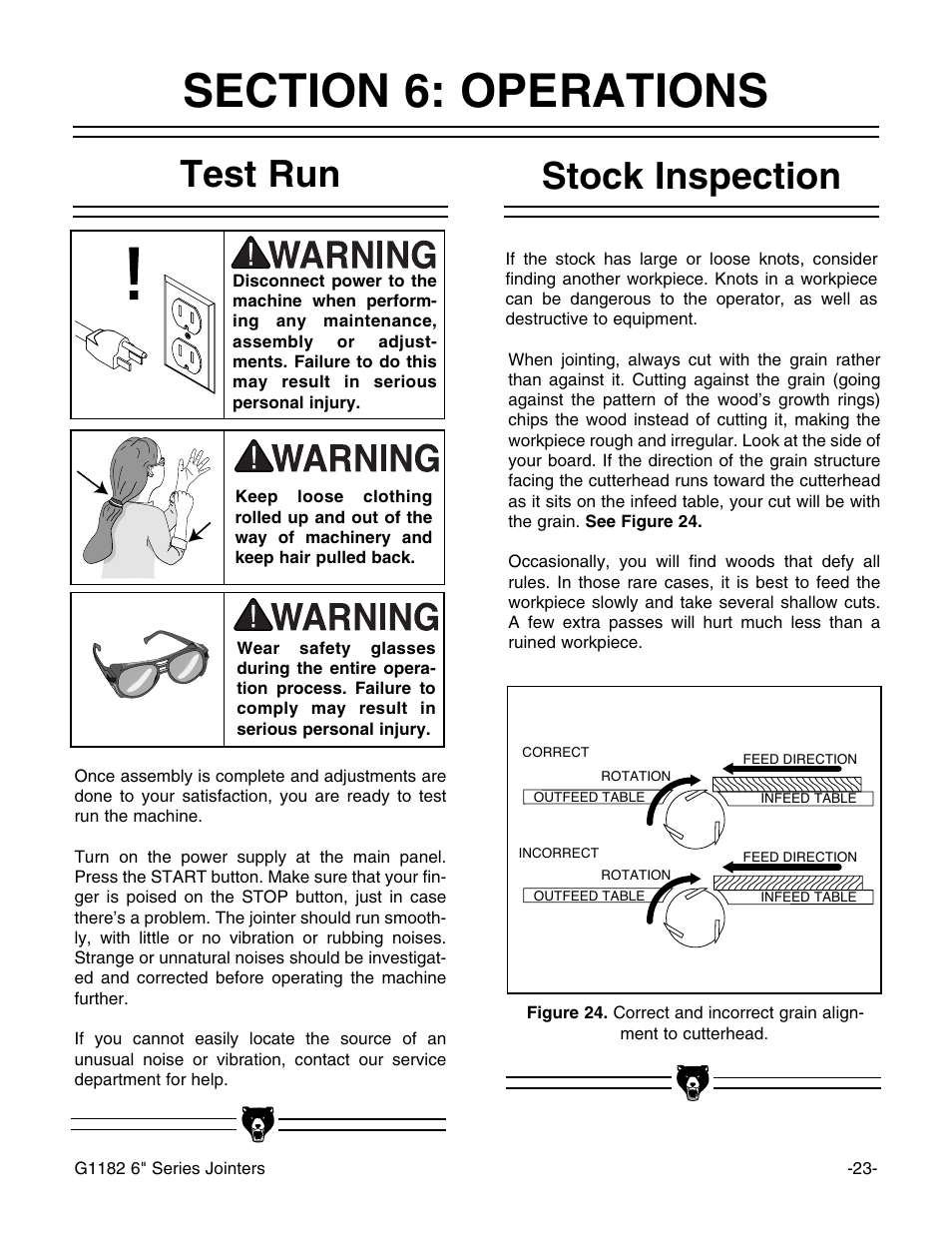 Test run stock inspection | Grizzly Heavy-Duty Jointer G1182HW User Manual | Page 25 / 44