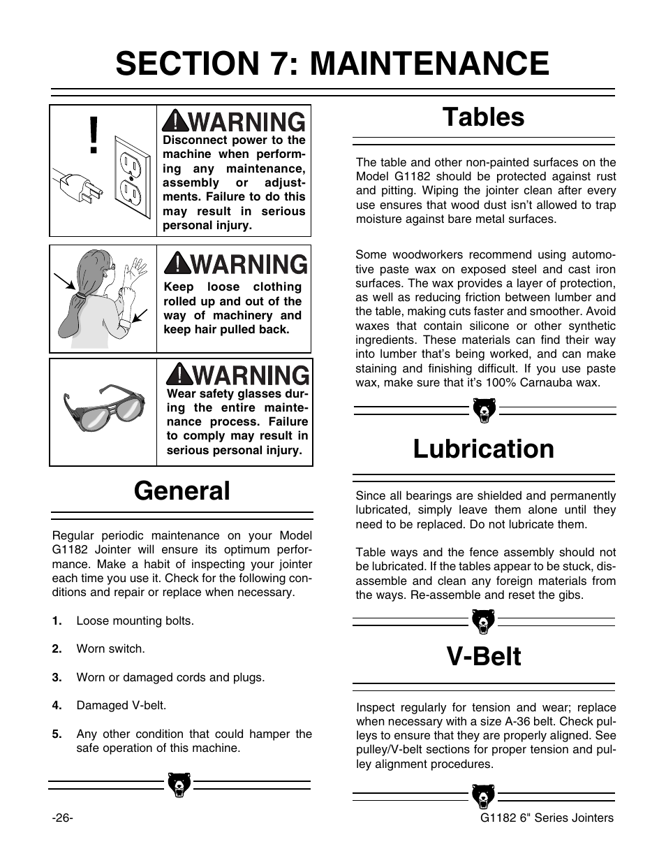 Lubrication v-belt general tables | Grizzly Heavy-Duty Jointer G1182HW User Manual | Page 28 / 44