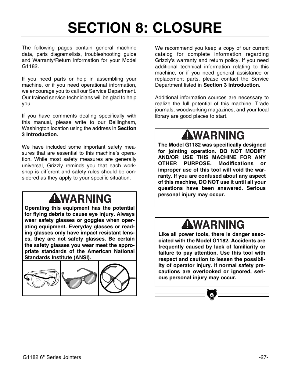 Grizzly Heavy-Duty Jointer G1182HW User Manual | Page 29 / 44