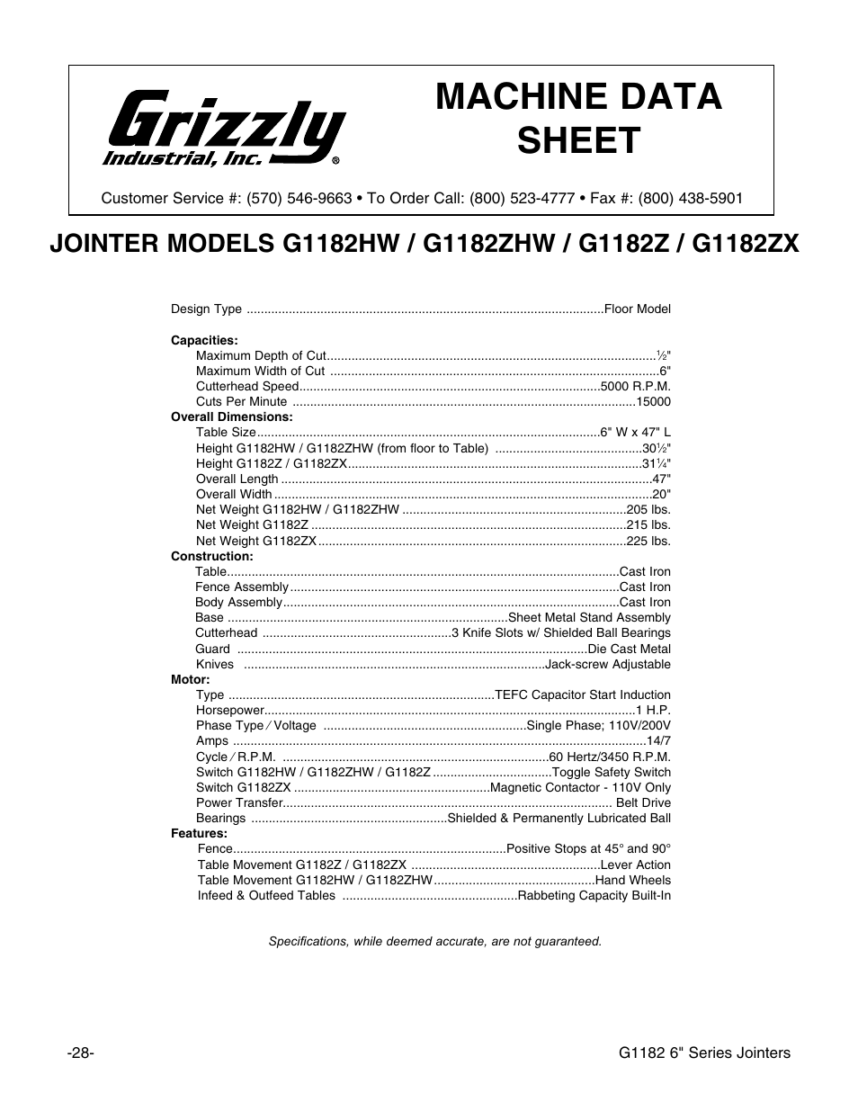 Machine data sheet | Grizzly Heavy-Duty Jointer G1182HW User Manual | Page 30 / 44