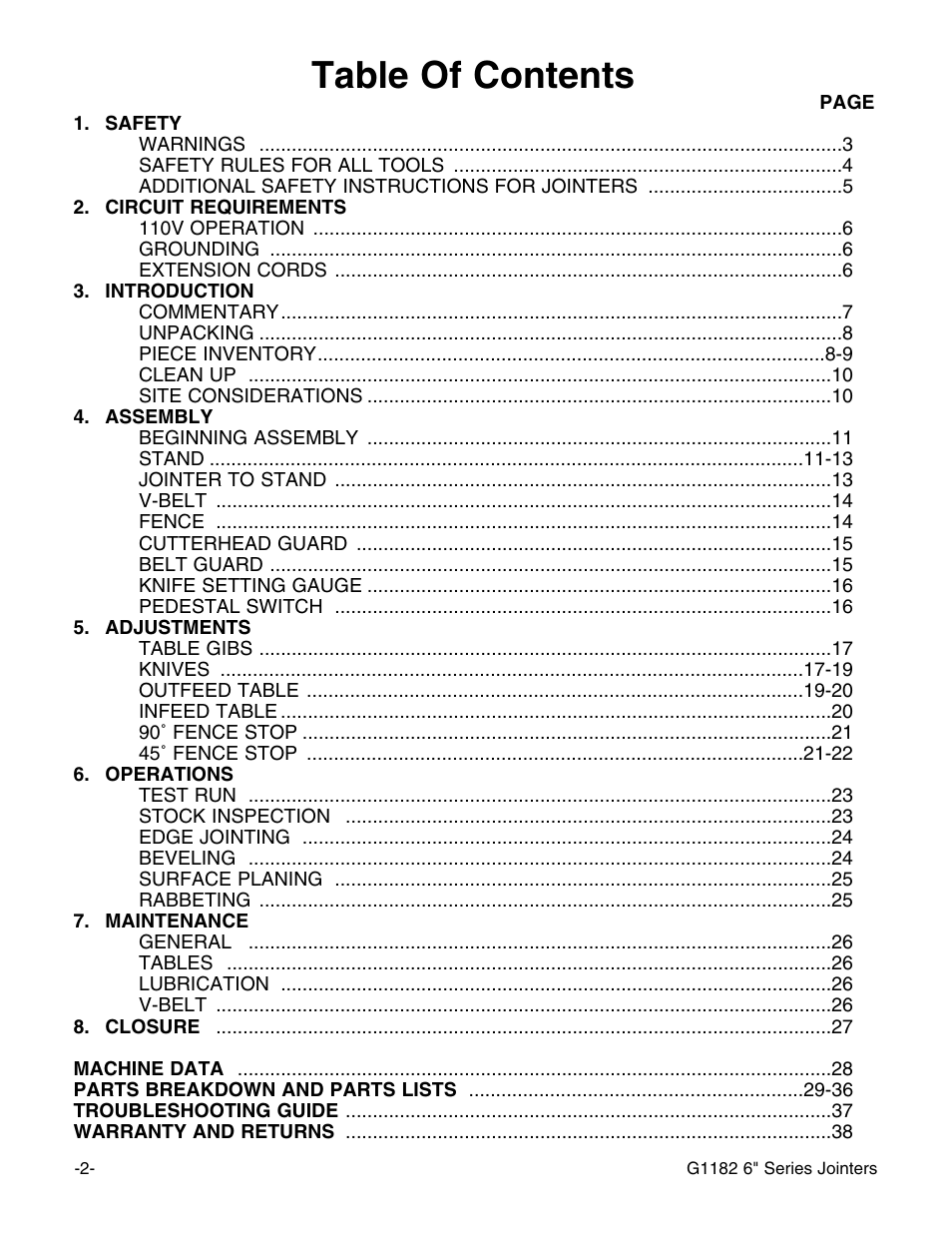 Grizzly Heavy-Duty Jointer G1182HW User Manual | Page 4 / 44