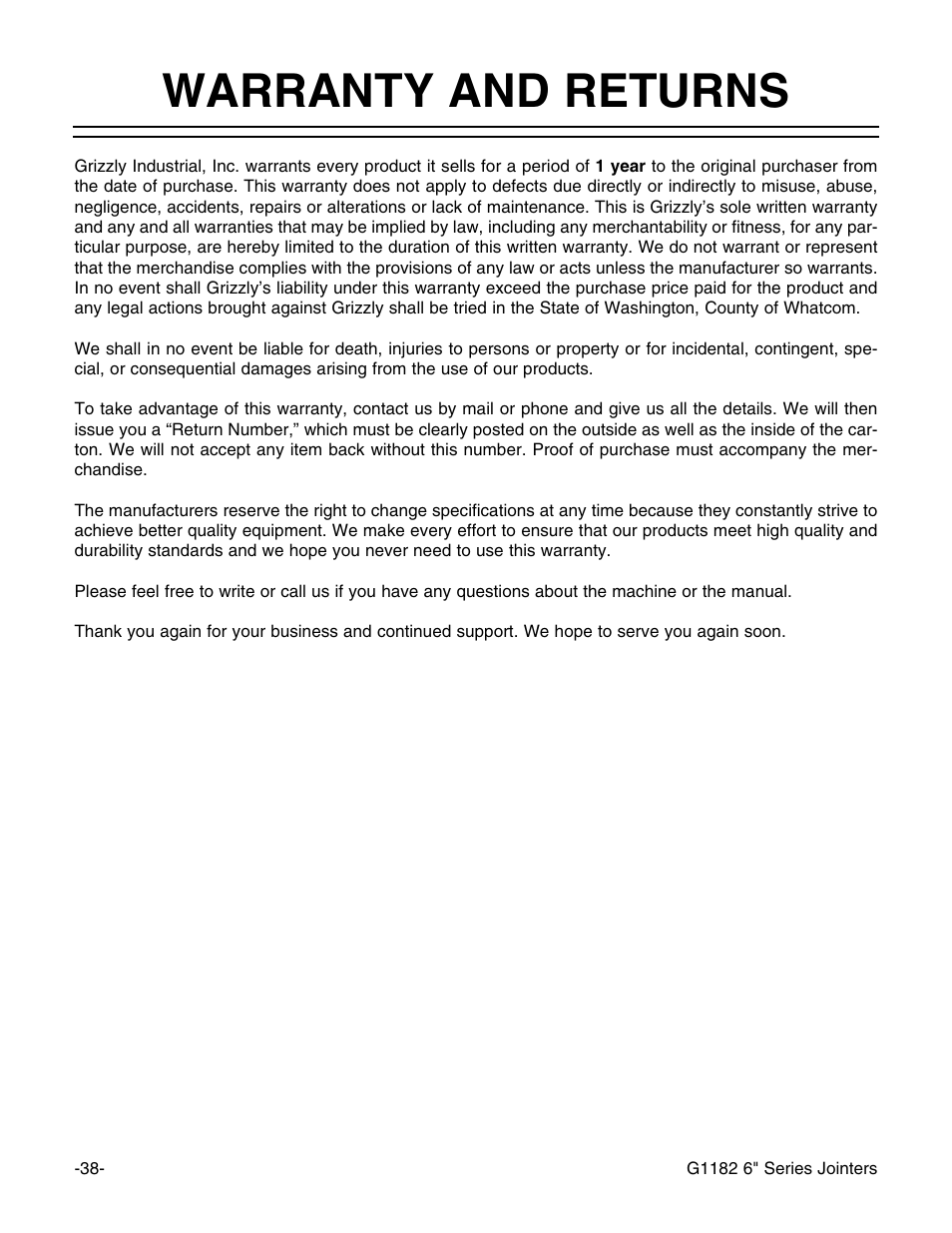 Warranty and returns | Grizzly Heavy-Duty Jointer G1182HW User Manual | Page 40 / 44
