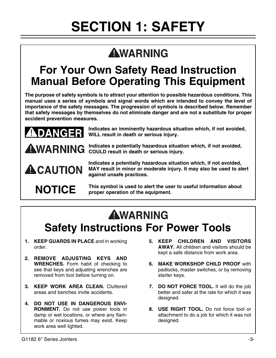 Safety instructions for power tools, Notice | Grizzly Heavy-Duty Jointer G1182HW User Manual | Page 5 / 44