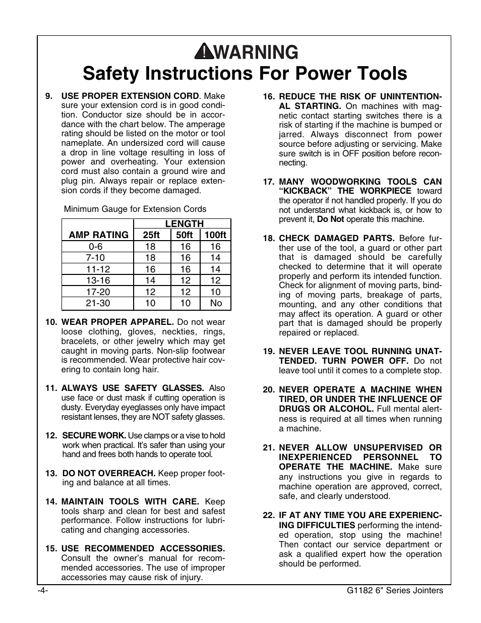 Safety instructions for power tools | Grizzly Heavy-Duty Jointer G1182HW User Manual | Page 6 / 44