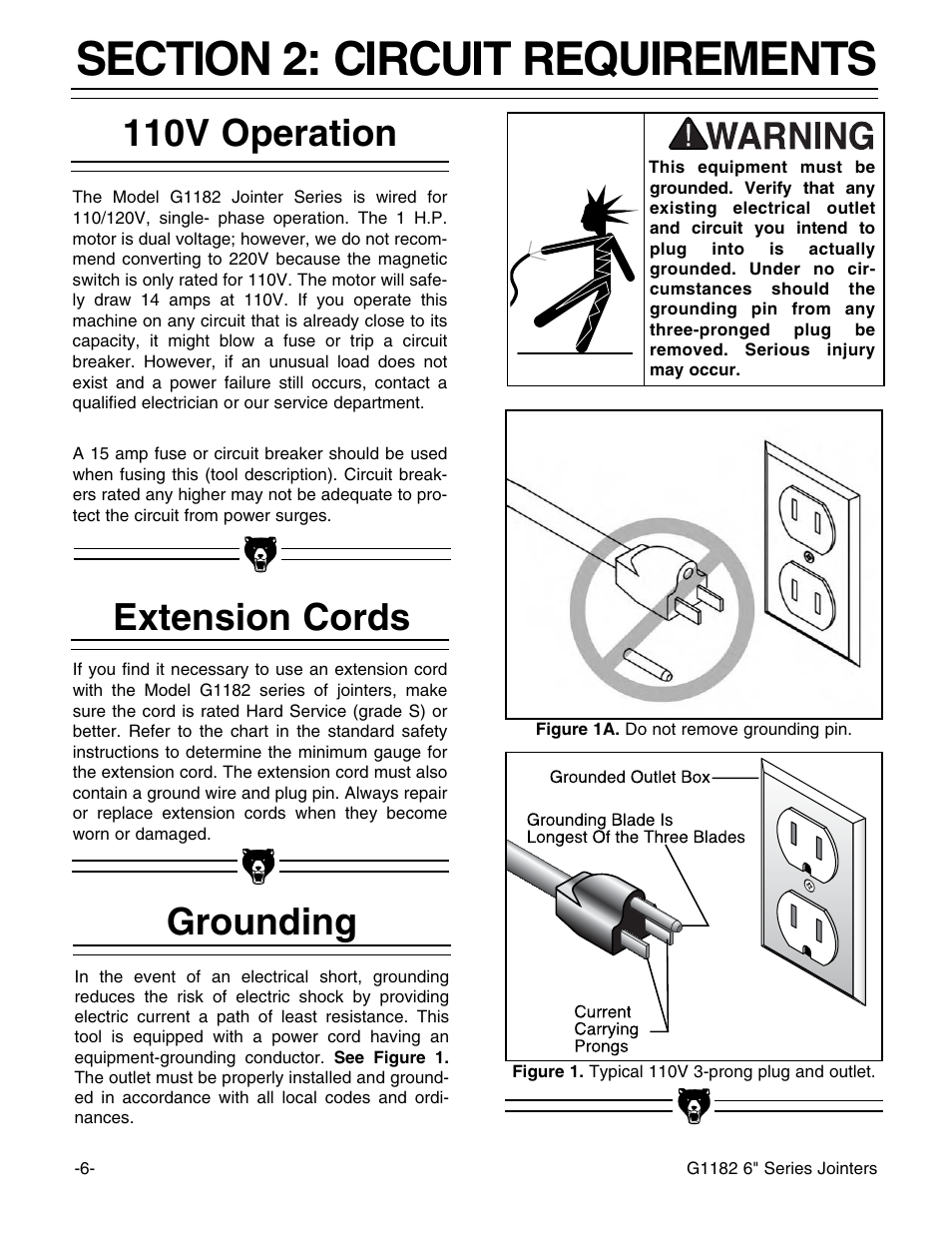 110v operation, Extension cords grounding | Grizzly Heavy-Duty Jointer G1182HW User Manual | Page 8 / 44