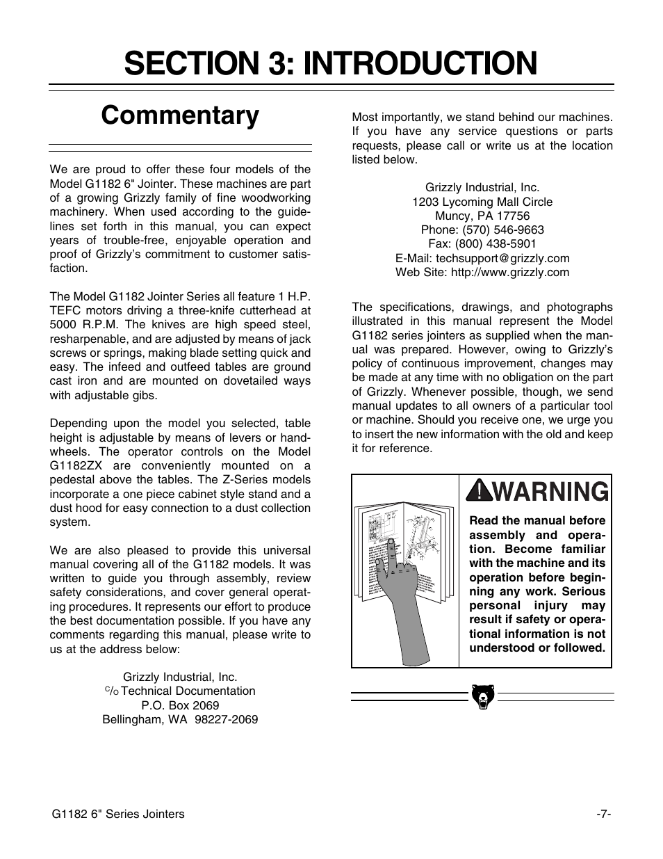 Commentary | Grizzly Heavy-Duty Jointer G1182HW User Manual | Page 9 / 44