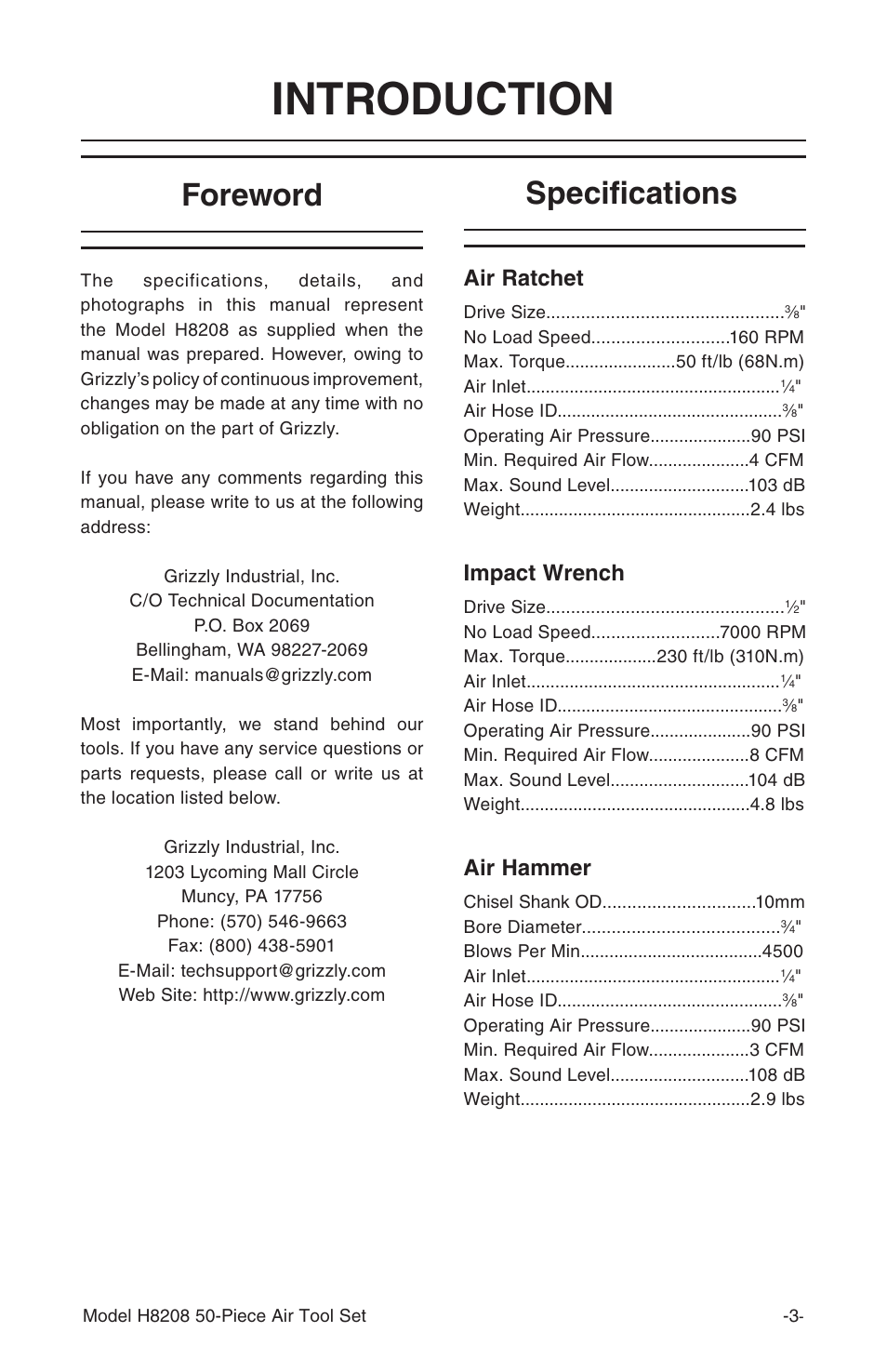 Introduction, Specifications foreword, Air ratchet | Impact wrench, Air hammer | Grizzly H8208 User Manual | Page 5 / 14