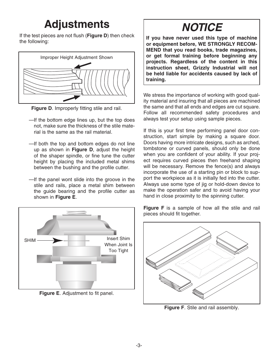 Adjustments, Notice | Grizzly Stile and Rail Set C2314-C2317 User Manual | Page 3 / 3