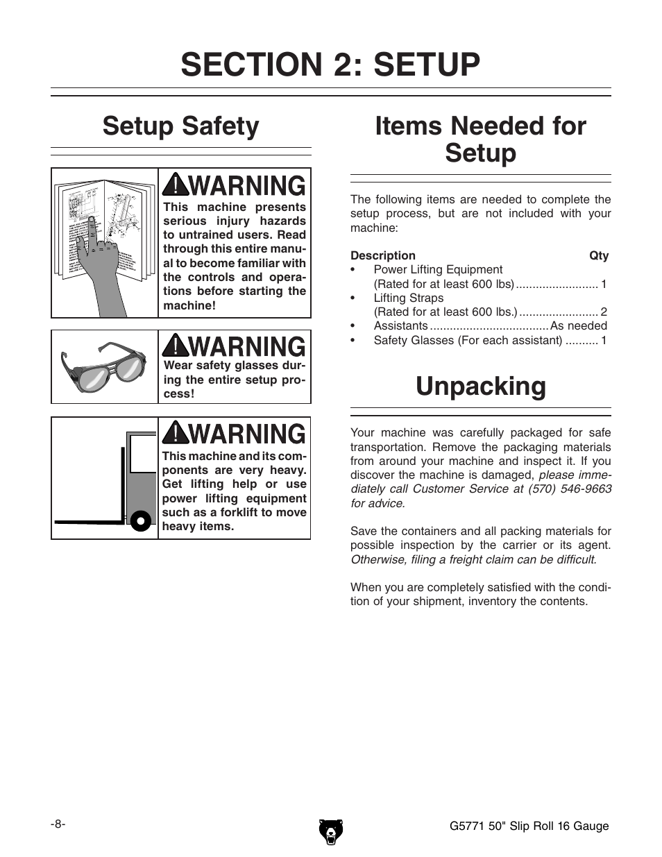 Setup safety, Items needed for setup, Unpacking | Grizzly Slip Roll 16 Gauge G5771 User Manual | Page 10 / 32