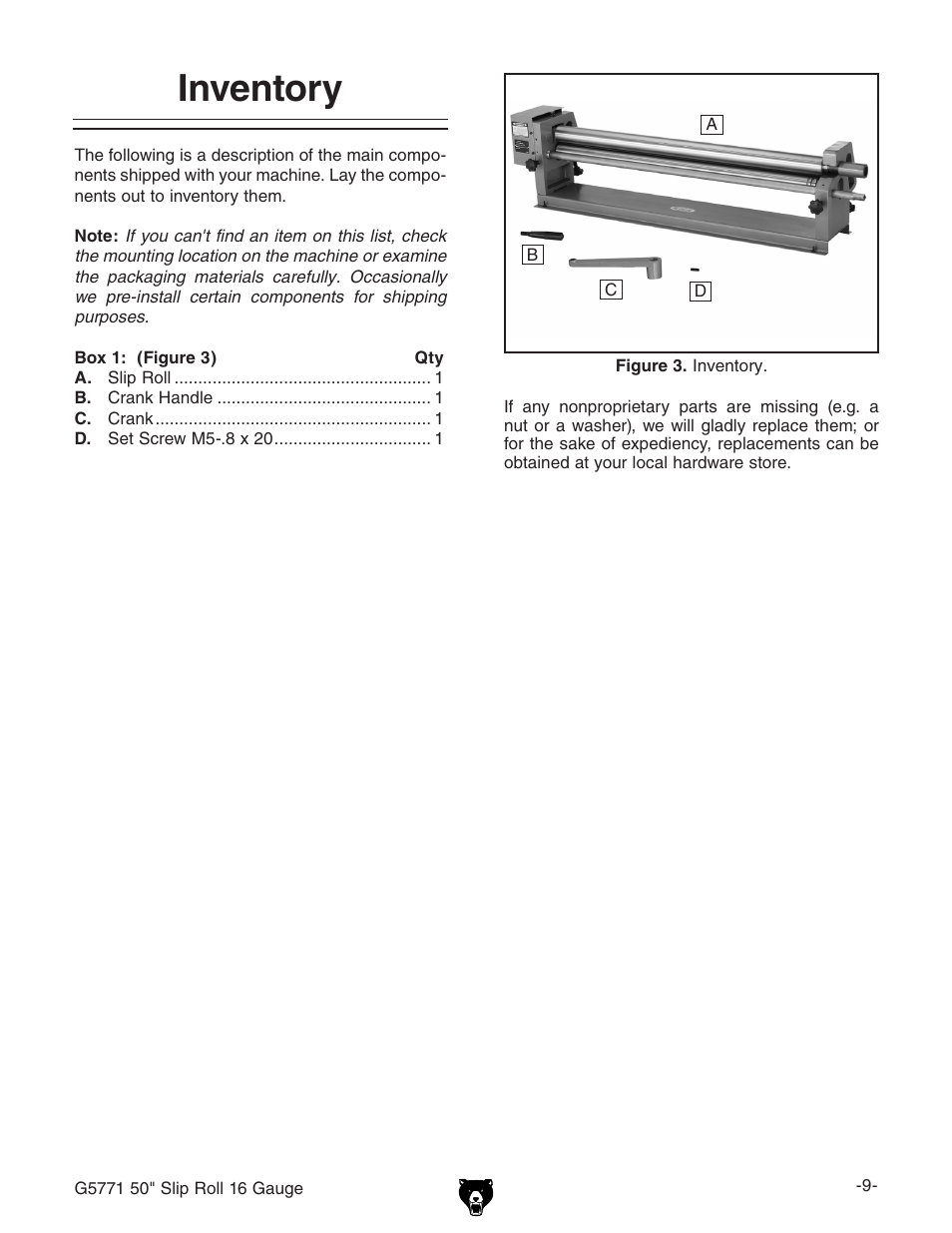 Inventory | Grizzly Slip Roll 16 Gauge G5771 User Manual | Page 11 / 32