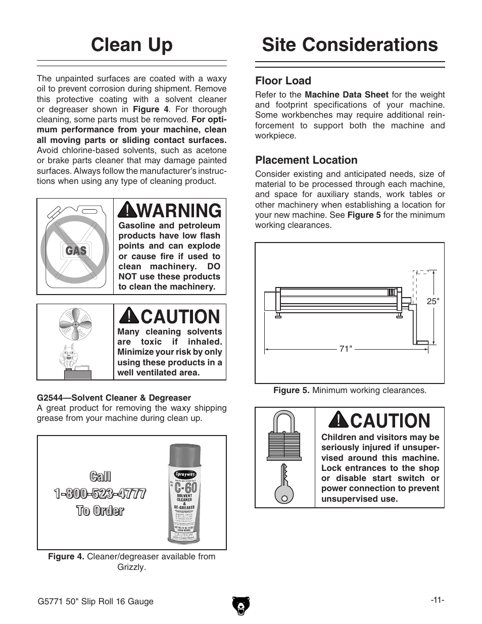 Site considerations, Clean up | Grizzly Slip Roll 16 Gauge G5771 User Manual | Page 13 / 32