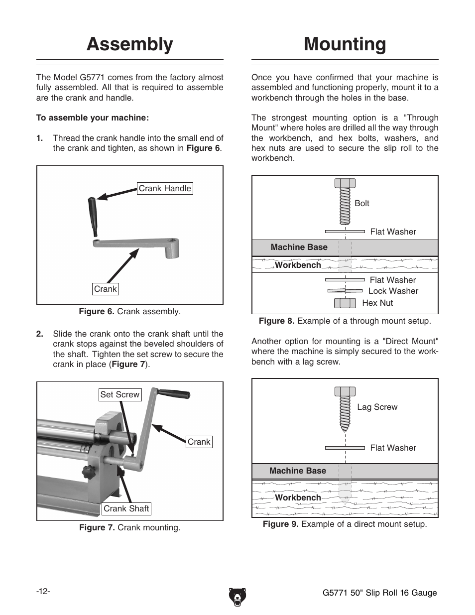 Assembly, Mounting | Grizzly Slip Roll 16 Gauge G5771 User Manual | Page 14 / 32