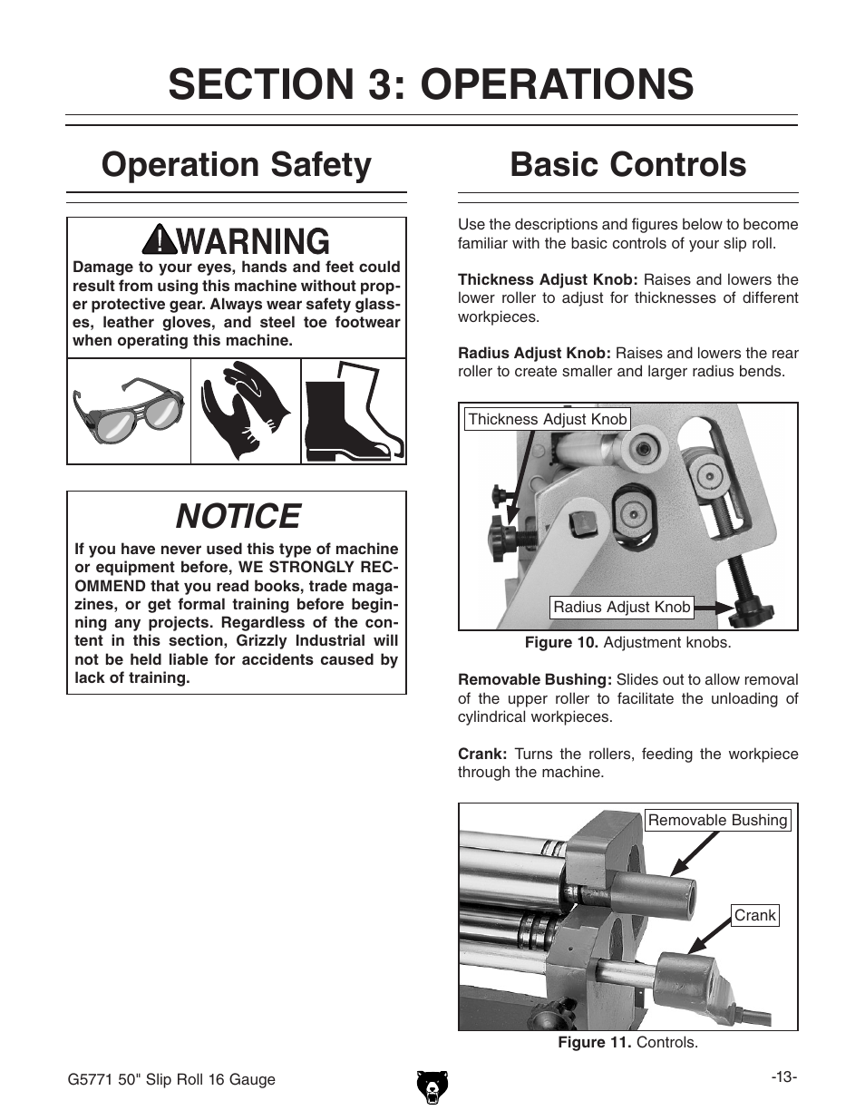 Notice, Operation safety basic controls | Grizzly Slip Roll 16 Gauge G5771 User Manual | Page 15 / 32