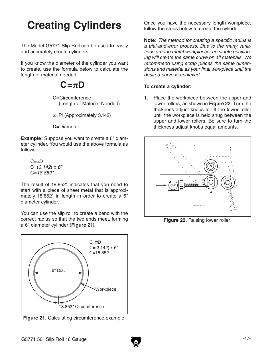 Creating cylinders, C= πd | Grizzly Slip Roll 16 Gauge G5771 User Manual | Page 19 / 32