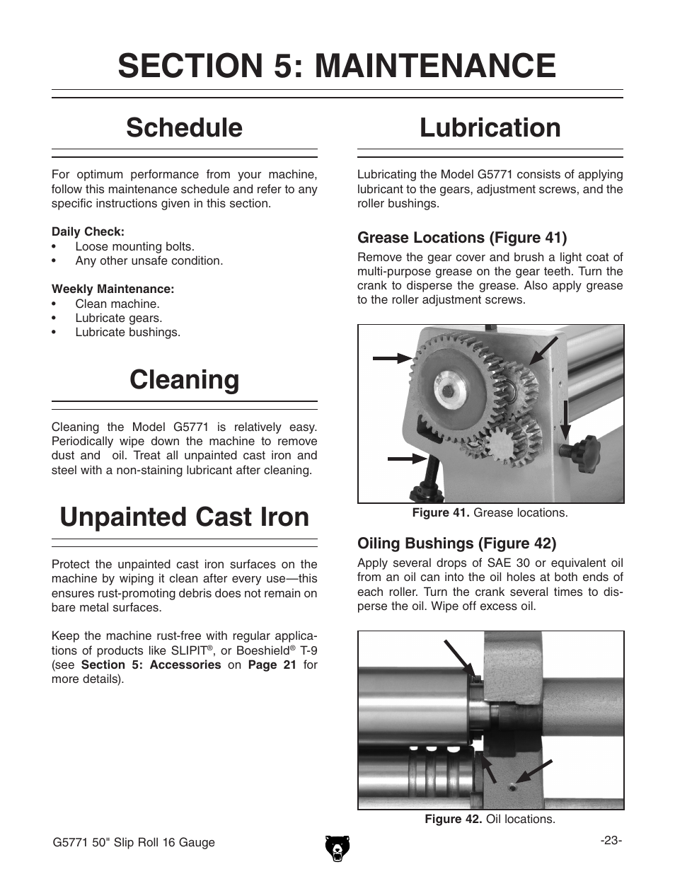 Schedule, Cleaning, Unpainted cast iron lubrication | Grizzly Slip Roll 16 Gauge G5771 User Manual | Page 25 / 32