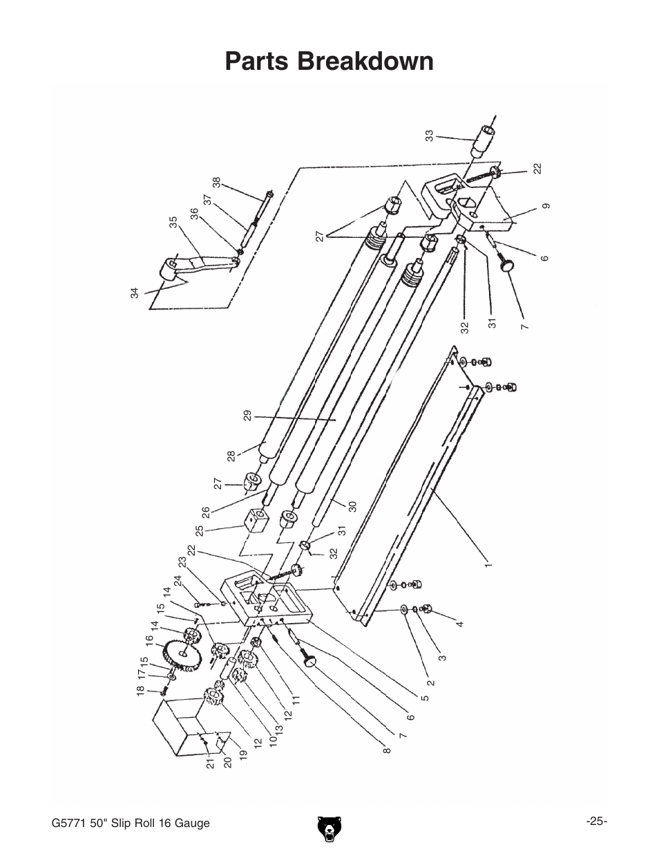 Parts breakdown | Grizzly Slip Roll 16 Gauge G5771 User Manual | Page 27 / 32