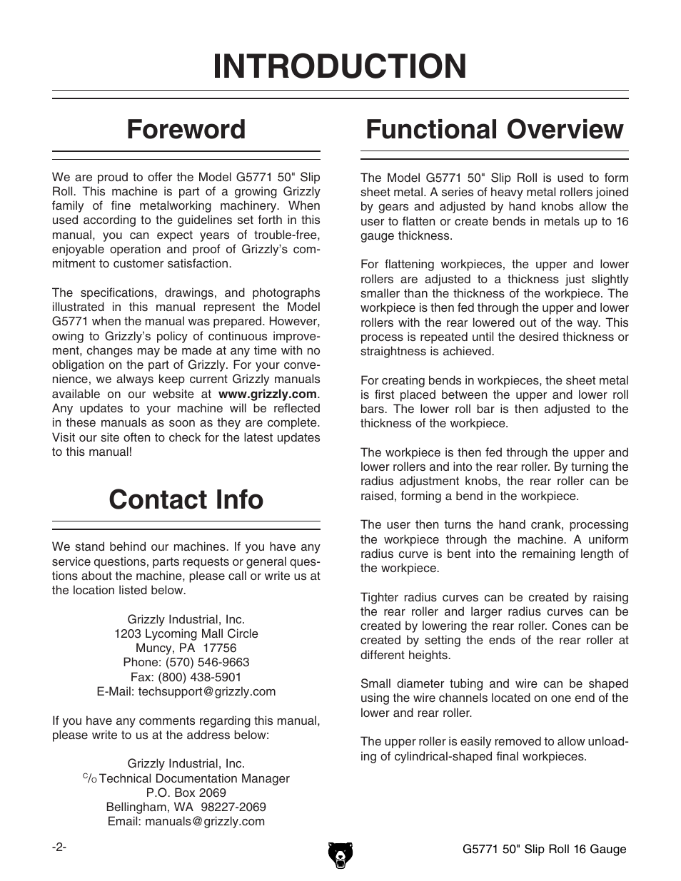 Introduction, Foreword, Contact info | Functional overview | Grizzly Slip Roll 16 Gauge G5771 User Manual | Page 4 / 32