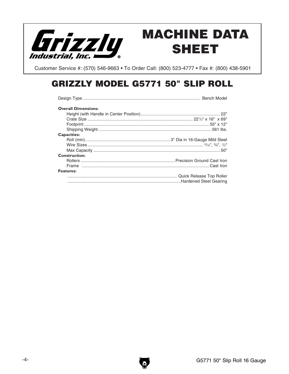 Machine data sheet | Grizzly Slip Roll 16 Gauge G5771 User Manual | Page 6 / 32