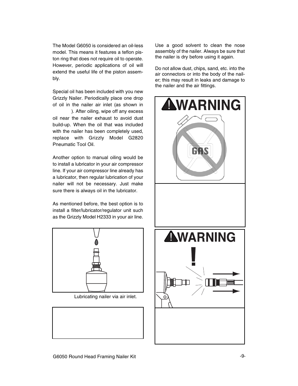 Notice, Cleaning nailer, Oiling nailer | Grizzly G6050 User Manual | Page 10 / 17