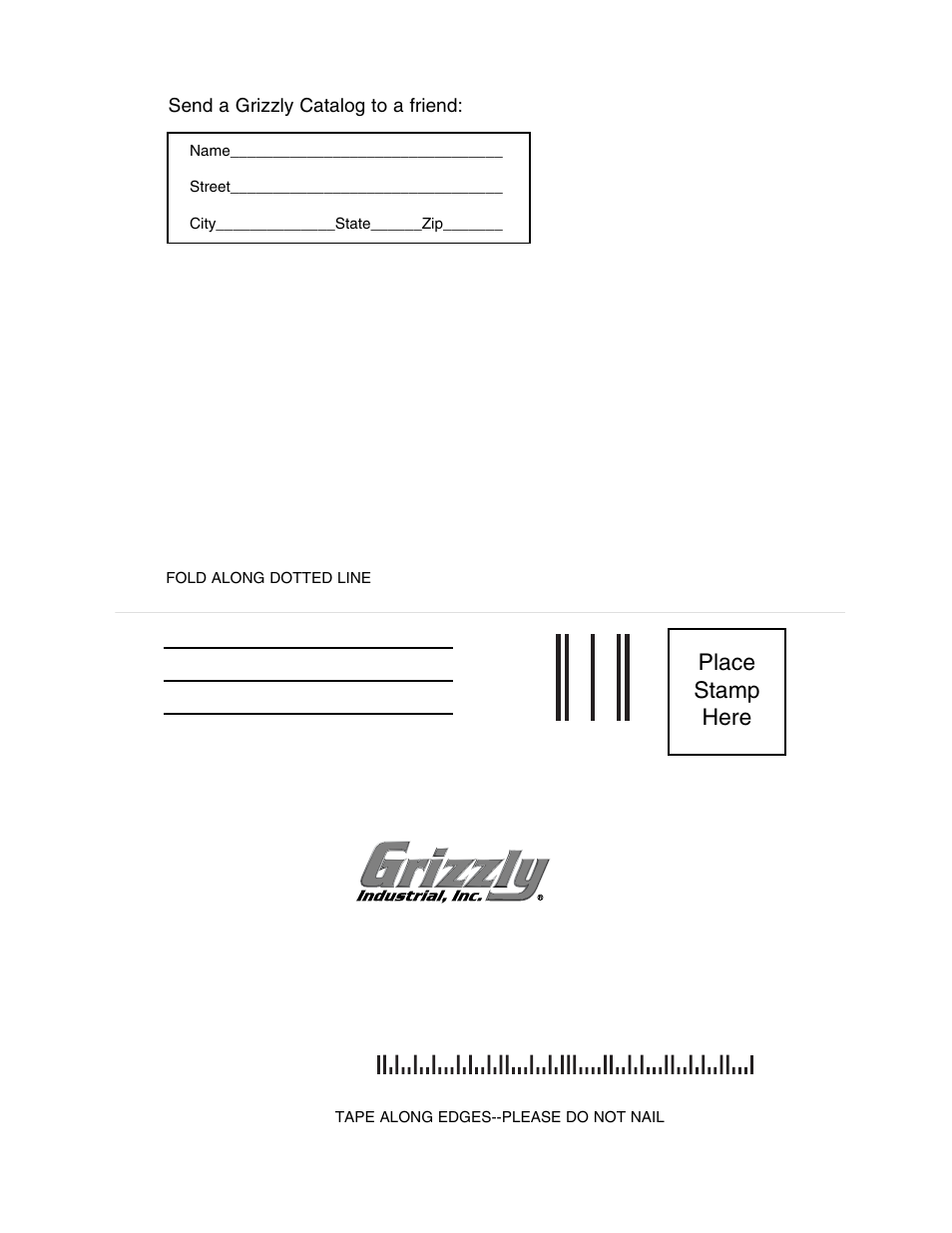 Place stamp here | Grizzly G6050 User Manual | Page 17 / 17