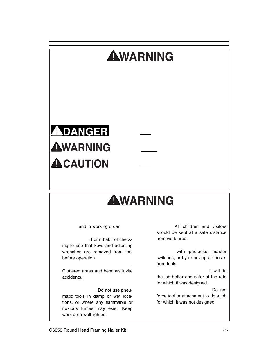 Safety, Notice, Safety instructions for pneumatic tools | Grizzly G6050 User Manual | Page 2 / 17