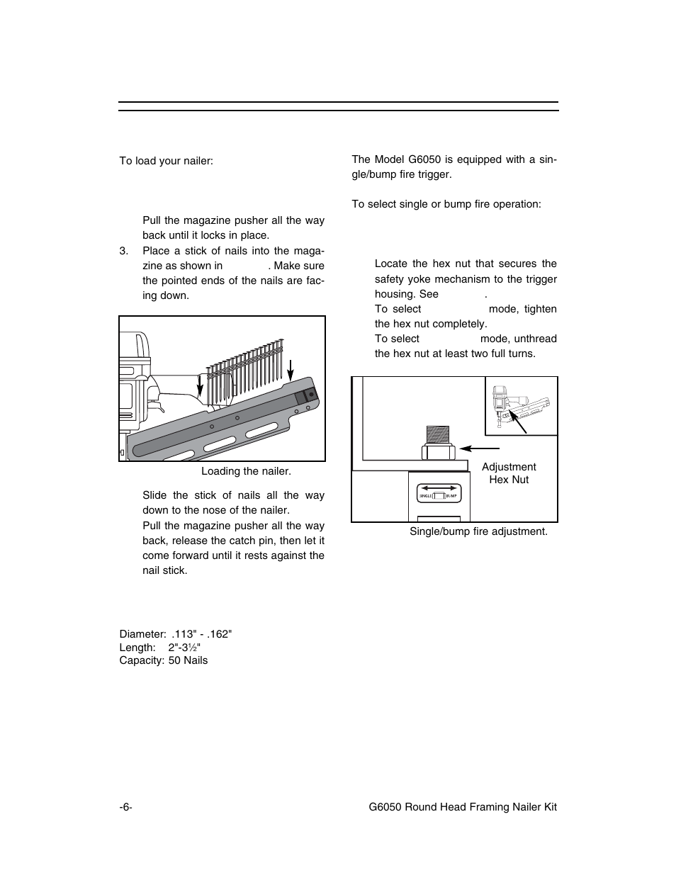 Operation, Loading nailer, Single/bump fire mode | Grizzly G6050 User Manual | Page 7 / 17