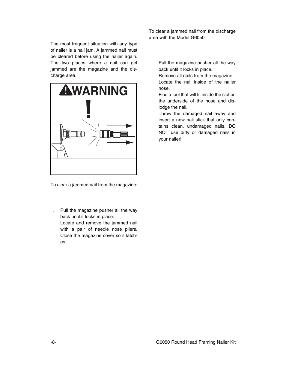Clearing jammed nails | Grizzly G6050 User Manual | Page 9 / 17