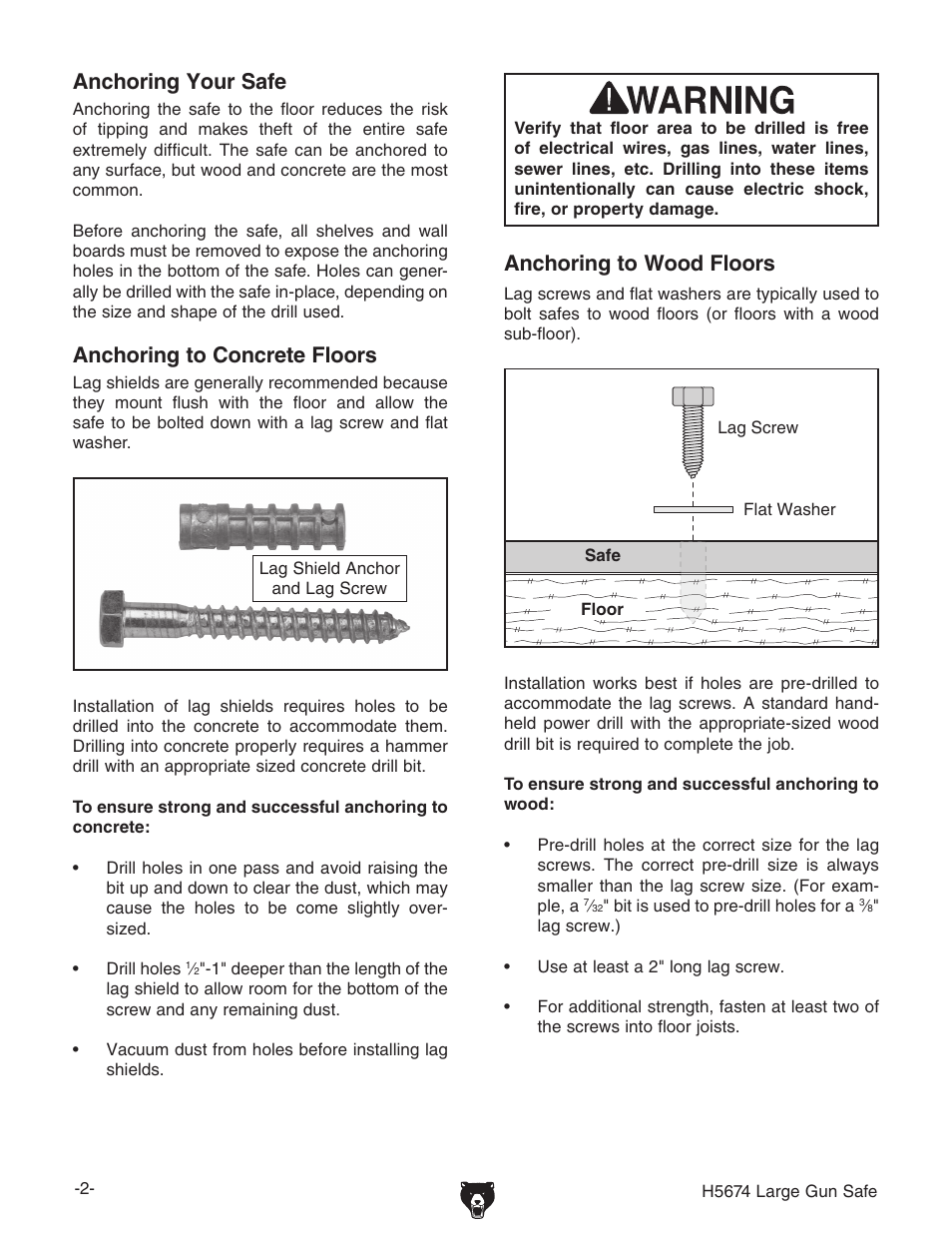 Anchoring to concrete floors, Anchoring to wood floors, Anchoring your safe | Grizzly H5674 User Manual | Page 2 / 2