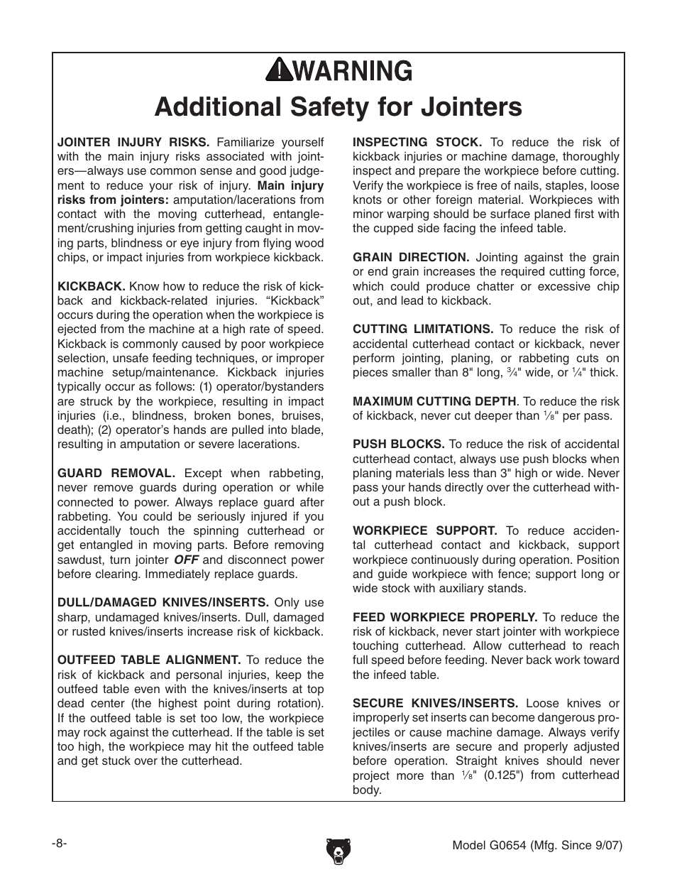 Additional safety for jointers | Grizzly G0654 User Manual | Page 10 / 56