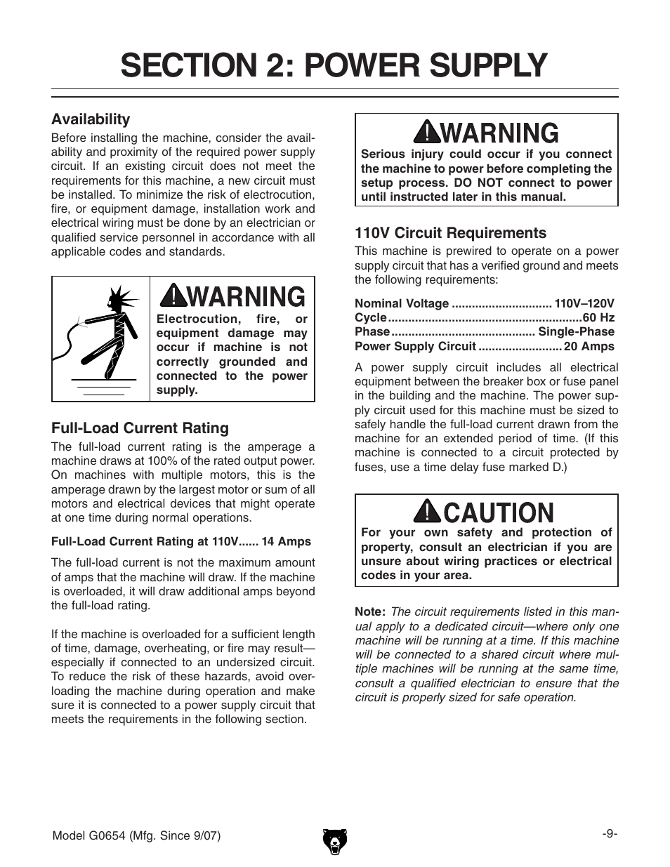 Section 2: power supply | Grizzly G0654 User Manual | Page 11 / 56